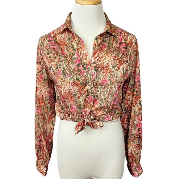 Vintage 70’s Floral Lightweight Button Down Top Tan Pink Green S - Picture 1 of 6